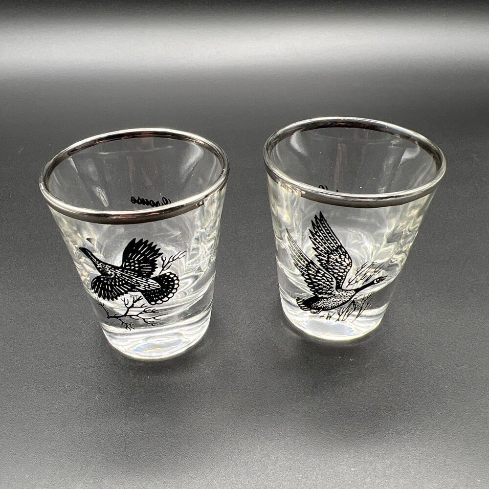 2 MCM wild bird Silver Trimmed shot glasses  Goose Canadian Goose Vintage
